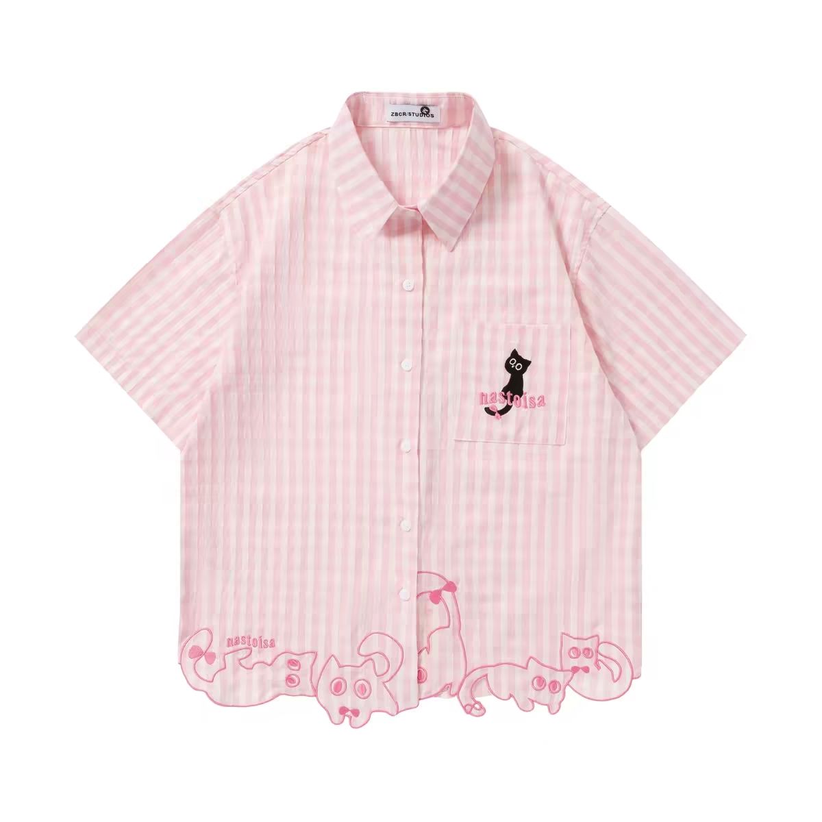 Embroidery Cat - Elegancka, zabawna, urocza koszula z haftem