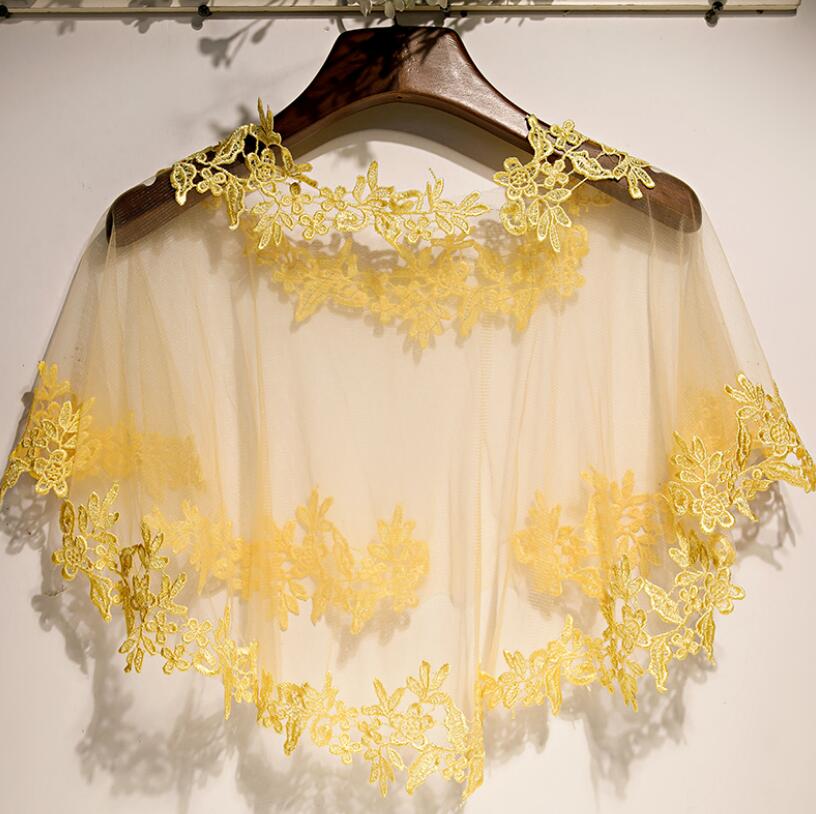 Embroidery Yellow - Damska wiosenno-letnia żółta siateczkowa pashmina z