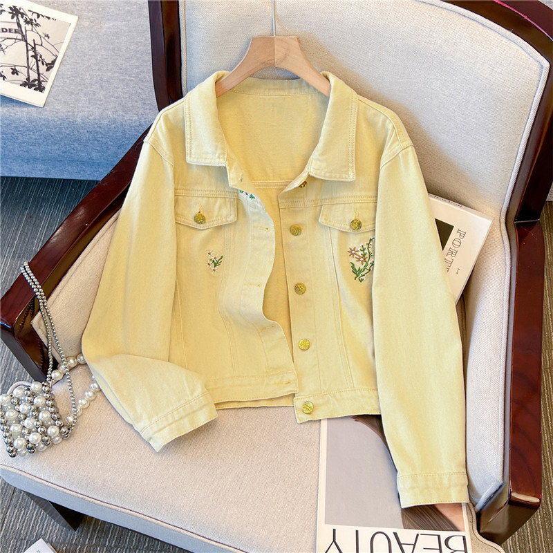 Embroidery Yellow - Koreańska kurtka jeansowa damska w stylu