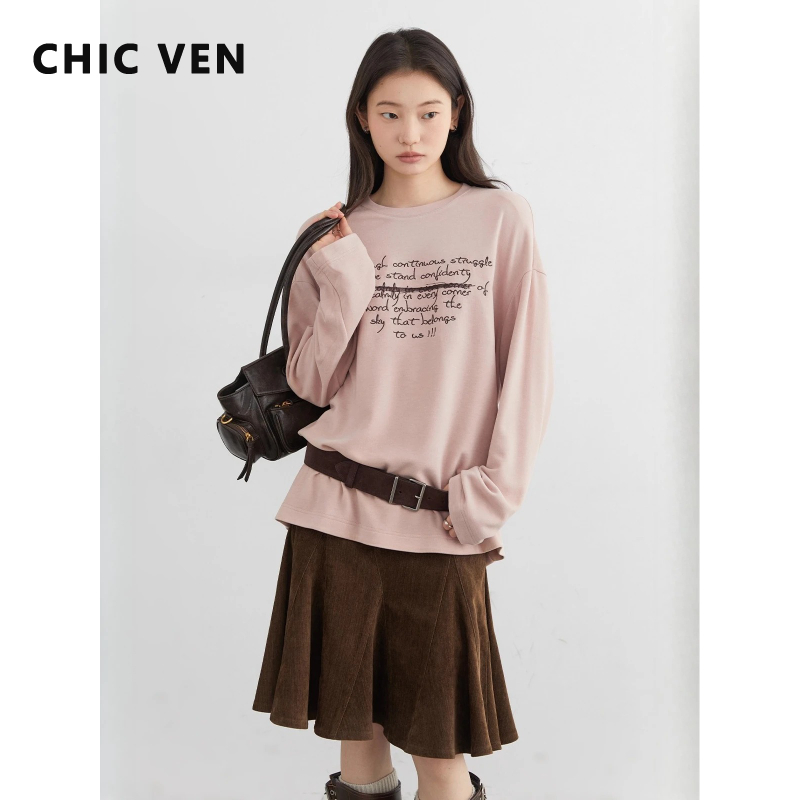 Embroidery Font - CHIC VEN Nowa damska koszulka z
