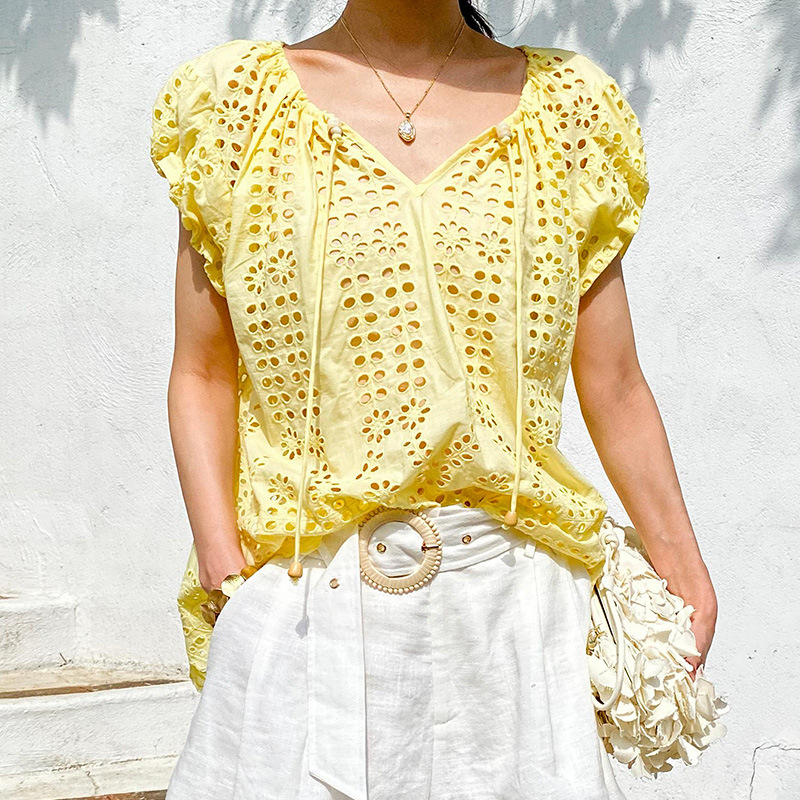 Embroidery Yellow - Francuski styl elegancka, szykowna bluzka koszula
