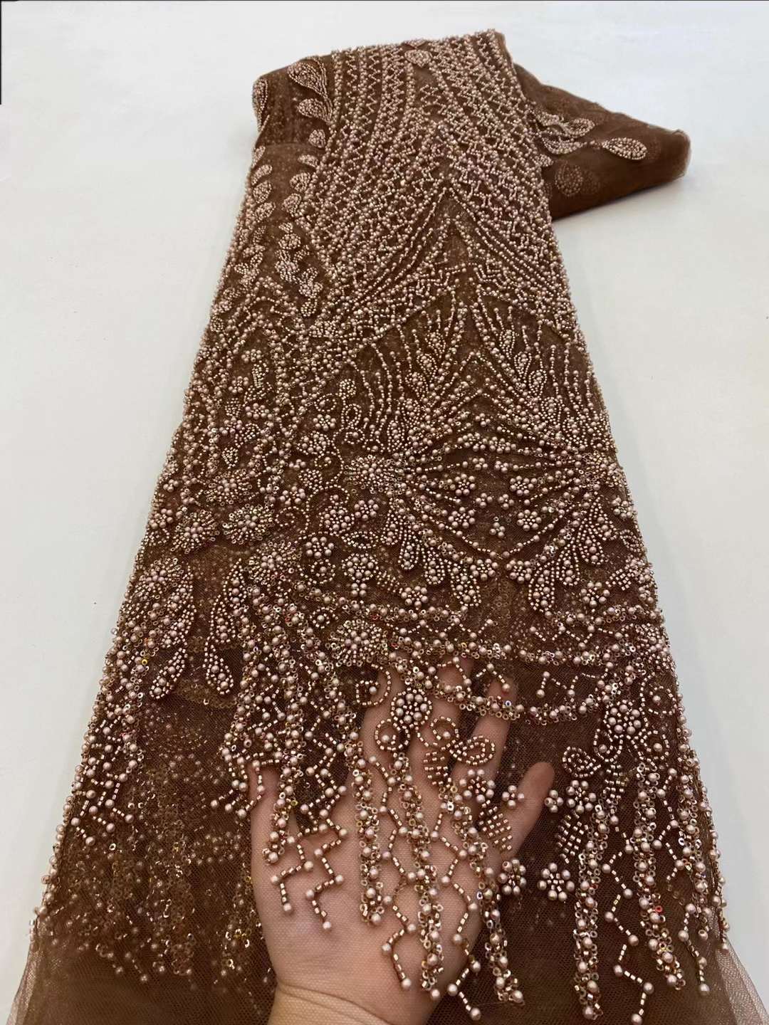 Embroidery Net Fabric - Brązowa cekinowa haftowana koronkowa tkanina Elegancka