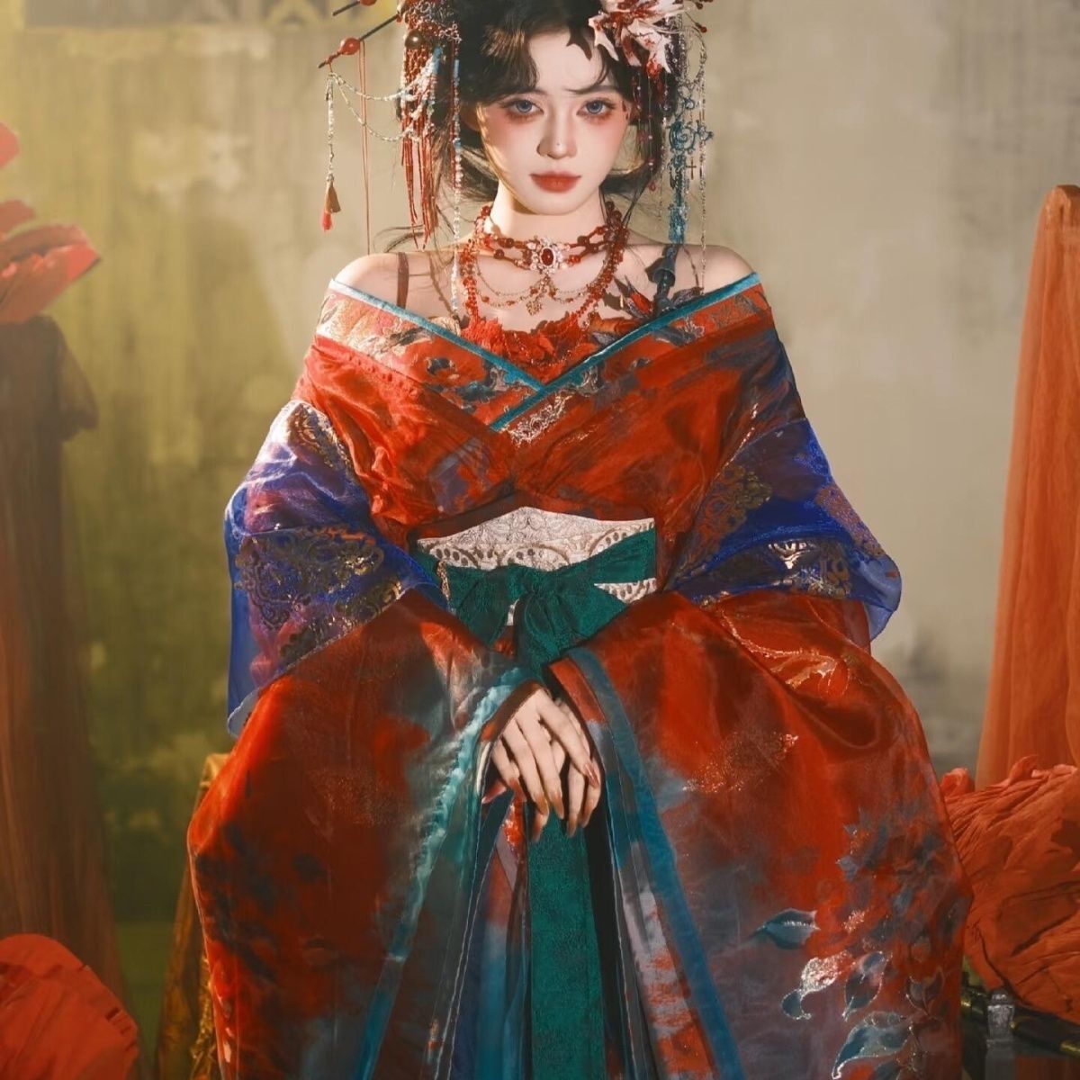 Embroidery Uniforms - Czarno-niebieski haftowany Hanfu damski, ulepszony tradycyjny