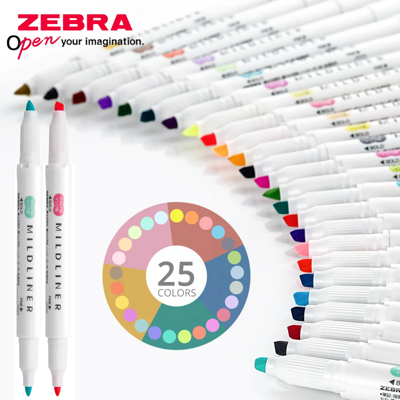 Zebra Pen Mildliner - 25 Kolorów Japońskie Zakreślacze ZEBRA Mildliner
