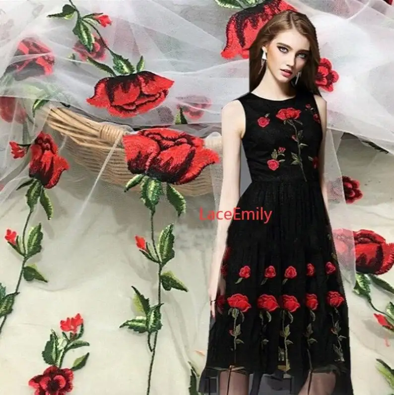 Embroidery Rose - Czerwona Róża Koronka Kwiatowy Haft Miękki