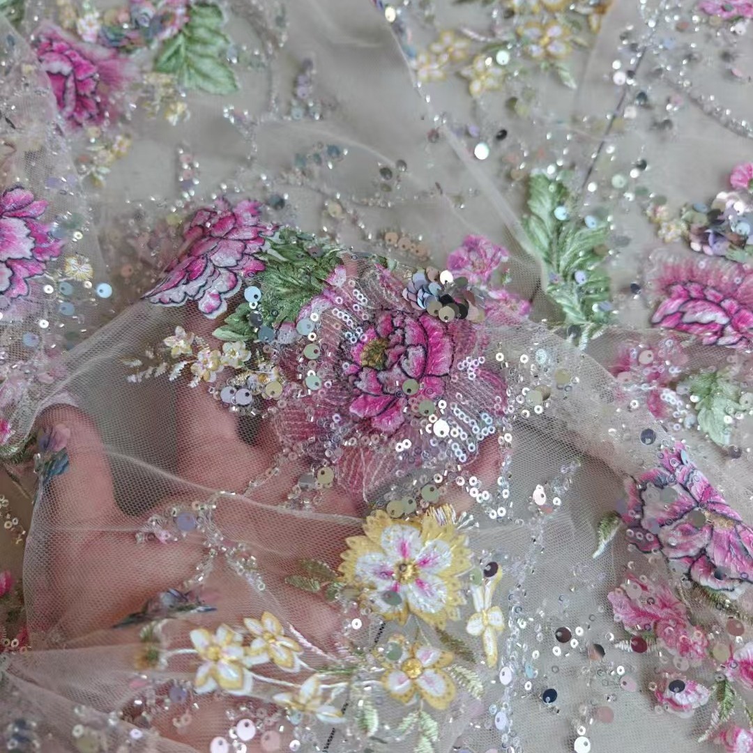 Embroidery Needles - Luksusowa koronka z koralikami, szerokość 1M