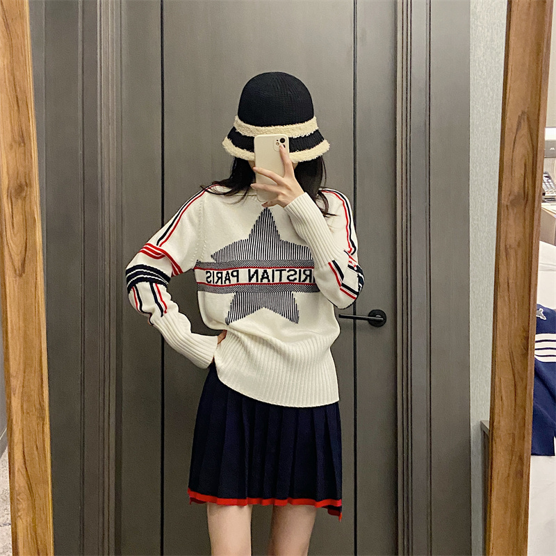 Embroidery Font - Damski sweter z kołnierzykiem, dzianinowy, z